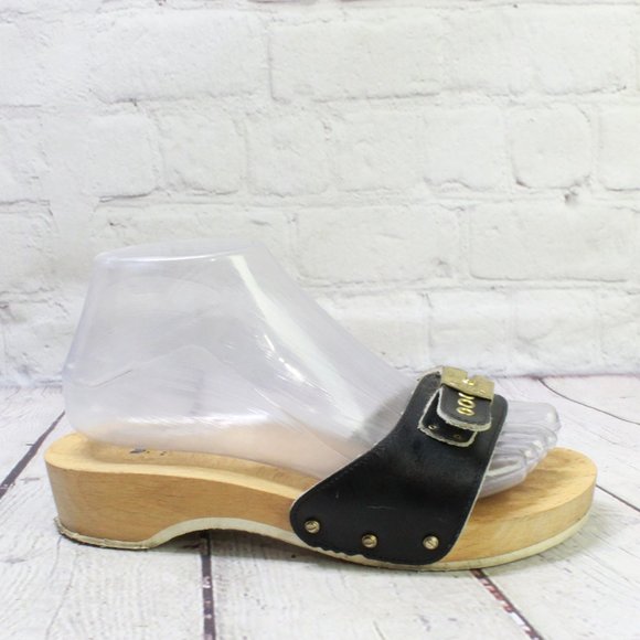 Dr. Scholl's Shoes - Dr Scholls Black Leather Slip On Buckle Single Strap Slide Sandals Size 6.5